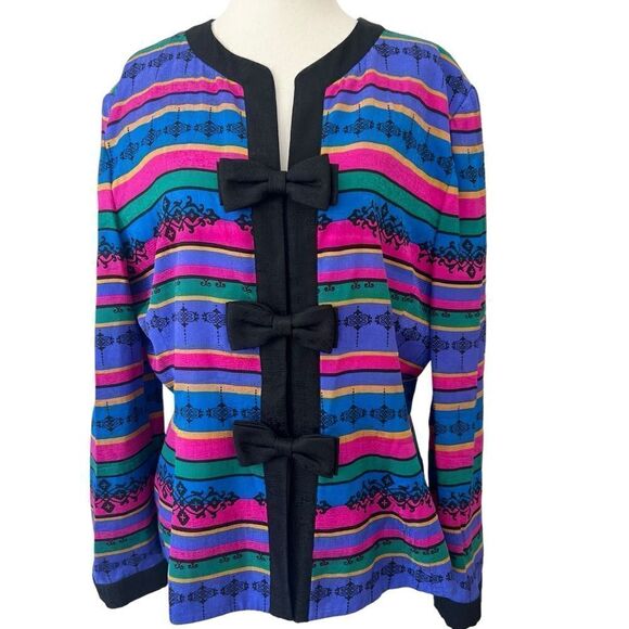 Vintage Adrianna Papell Silk Striped Jacket with Bow Closures - Picture 1 of 8